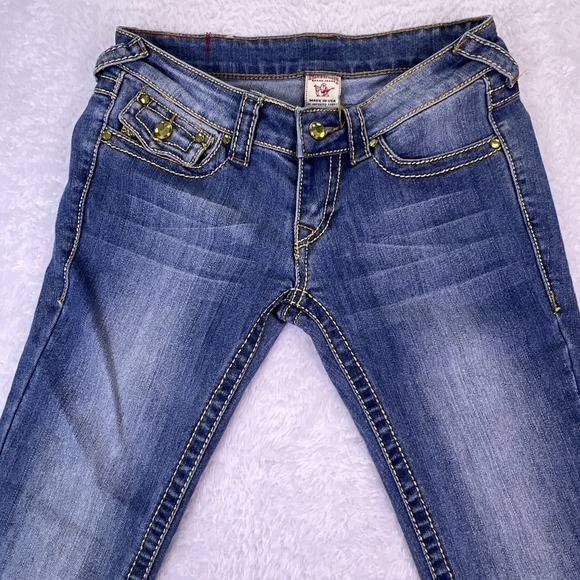 VTG True Religion Jeans Women's 27 Joey Super T Flare/Boot Denim USA Rhinestones - Picture 1 of 13